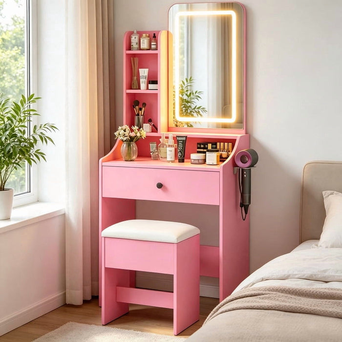 Bigleap Makeup Vanity with Lights, 3-Color LED Mirror & Power Outlet, Beauty Station with Drawers for Bedroom (Pink)