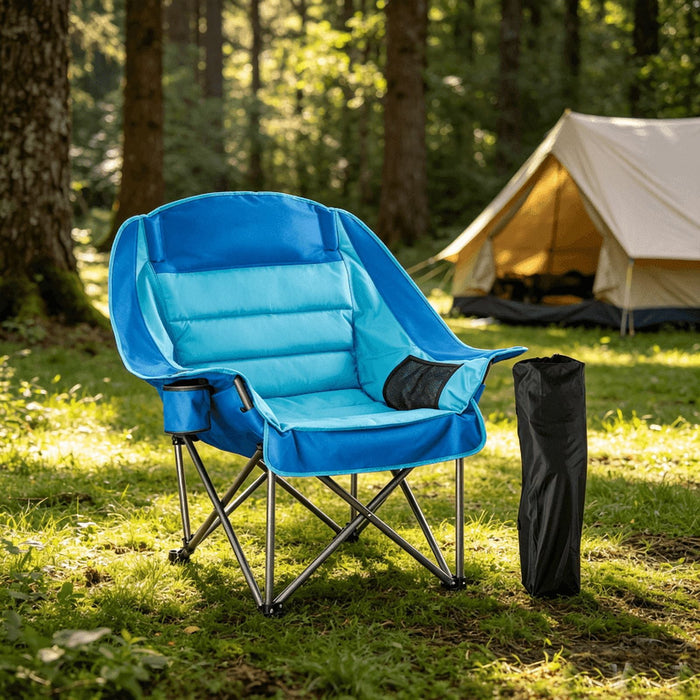 Blorly Oversized Padded Camping Chair, Heavy Duty Folding Camping Chair for Adults, Fully Cushioned Saucer Lounge Chair with Cup Holder and Carry Bag, Supports 500 lbs, Blue