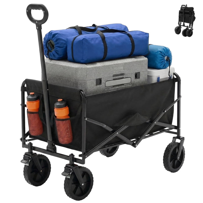 Betcozy Foldable Wagons Carts with All-Terrain Wheels, Portable Shopping Wagon Large Capacity Utility Cart with Drink Holders, Heavy Duty Collapsible for Sand, Beach, 37 inch, Black
