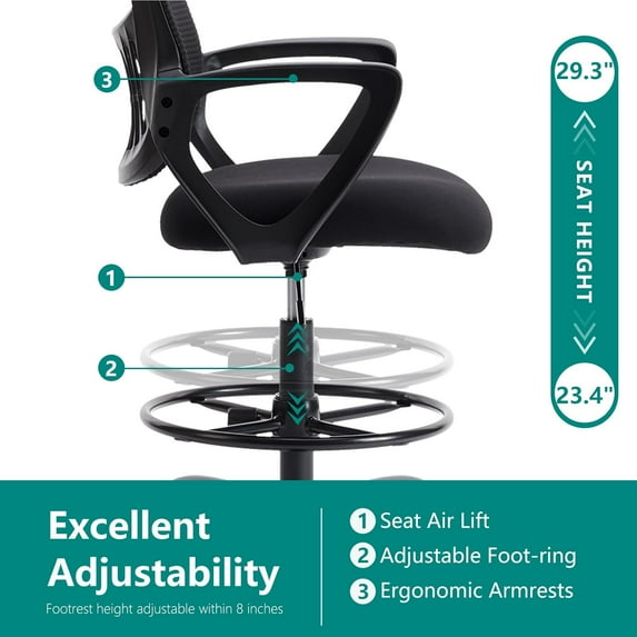 Ergonomic Tall Drafting Chair, Height-Adjustable Office Desk Chair with Fixed Armrests, Lumbar Support, Footrest & Rolling Wheels for Standing Desk