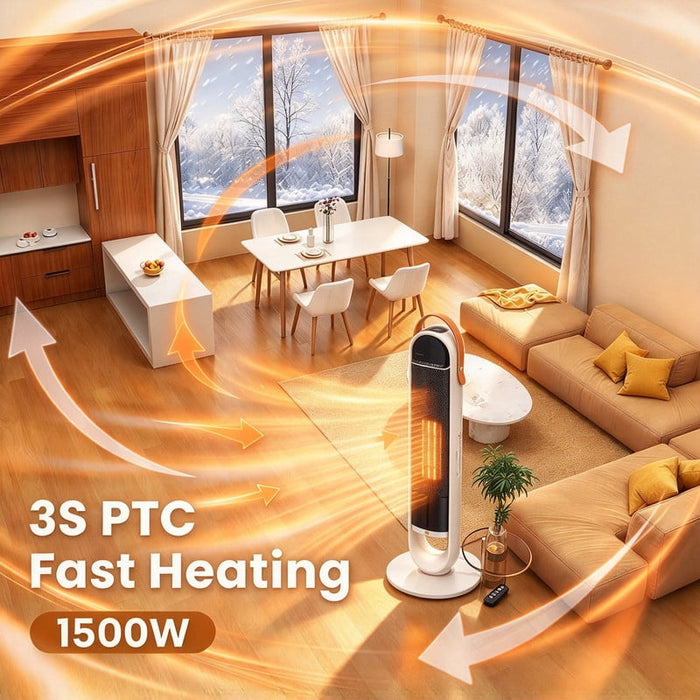 Betcozy 1500W Ceramic Tower Space Heater with 3D Flame Effect, 60° Oscillation, Remote Control, 3 Modes, 15-Hour Timer, Child Lock, Silver