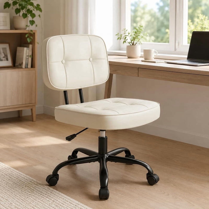 Simenmax Armless Office Chair – Ergonomic PU Leather Drafting Chair, Height Adjustable Swivel Rolling Task Chair for Vanity, Bedroom, Study, Living Room, Beige