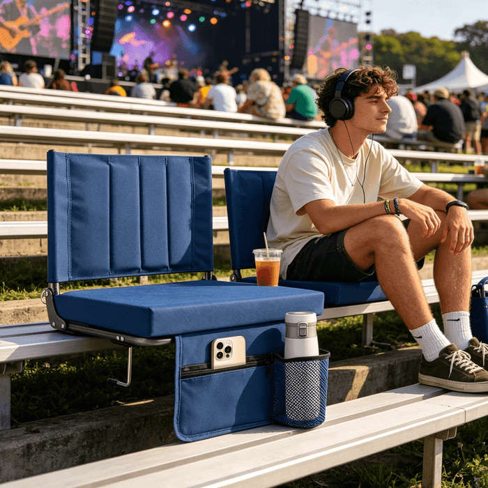 Blorly 3.5 Inch Thick Stadium Chair, Wide Folding Bleacher Seat with Backrest, Anti-Slip Steel Hook, Portable Compact Sports Chair with Padded Cushion & Cup Holder for Camping, Football, Blue, 1PCS