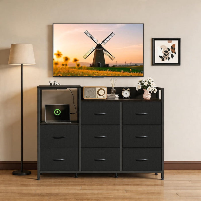 Betcozy Modern 8 Drawer Dresser with Charging Station, Wide Storage Chest with Open Display Shelves, Tall Fabric Dresser for Living Room, Media Console for Wall-Mounted TV, Black