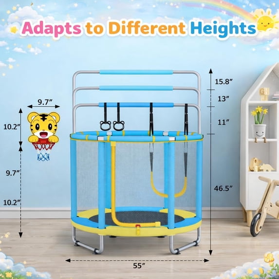 TINKLE WELL Kids Trampoline with Enclosure Net, 55" 4-in-1 Toddler Trampoline with Adjustable Gymnastics Bar & Toys, Indoor Outdoor Mini Trampoline for Boys & Girls