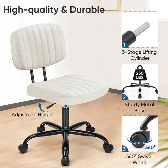 Armless Office Desk Chair, PU Leather Ergonomic Task Chair with Low Back Lumbar Support, Height Adjustable Swivel Computer Chair for Home Office