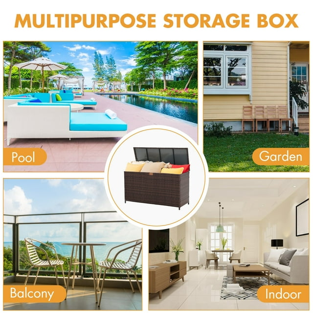 120 Gallon Outdoor Storage Box with Waterproof Inner, Large Wicker Patio Storage Bin, Deck Boxes for Cushions, Garden Tools, Pool Toys, Aluminum Frame, Brown