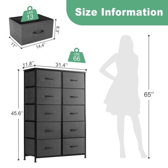 Aidoly Dresser for Bedroom, 10 Storage Drawers, Anti-Tip Tall Fabric Closet Chests Organizer Tower Furniture with Wooden Top Metal Frame for Living Room, Hallway, Entryway