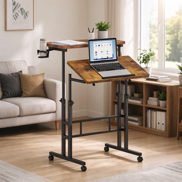 Taoset Adjustable Standing Desk on Wheels, Mobile Laptop Desk with Split Top and Tilt Function, Rolling Sit Stand Workstation for Home Office, Rust Brown
