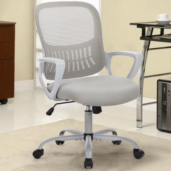 Ergonomic Mid-Back Mesh Office Chair with Lumbar Support, Swivel Rolling Desk Chair with Armrests and Wheels for Home and Study Use