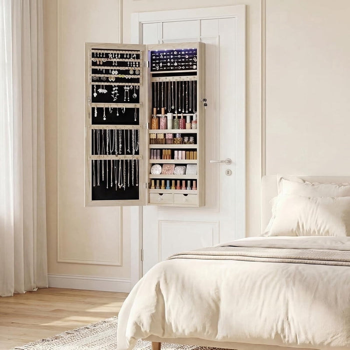 Bigleap 47.2" LED Lockable Jewelry Cabinet, Wall/Door Mount Full-Length Mirror & Large Storage Armoire with Drawers, Beige