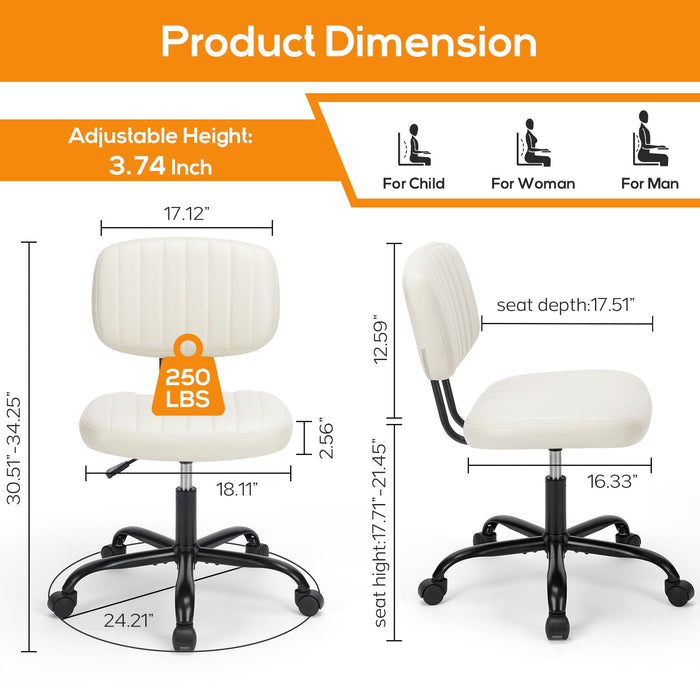 Aidoly Office Desk Chair, Armless Computer Chair with Lumbar Support, PU Leather Low Back Task Chair with Wheels