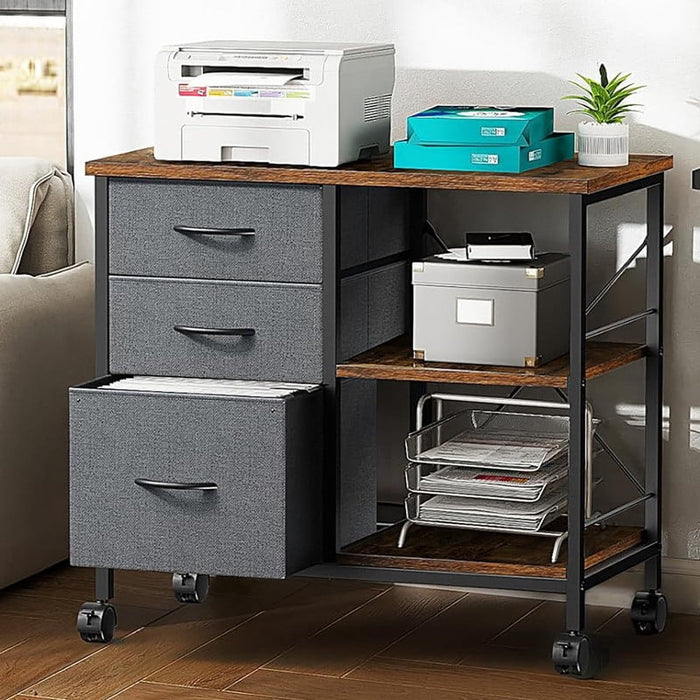 Simenmax 3-Tier Mobile Filing Cabinet, Heavy-Duty Printer Stand with Lockable Wheels & Fabric Drawers, Space-Saving Office Table for Home Office, Brown