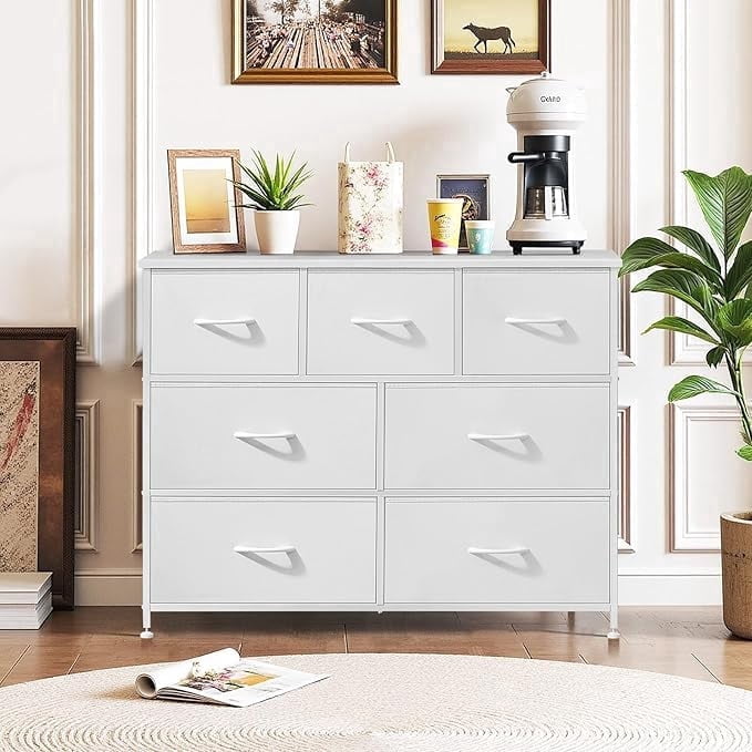 Ethovia 7-Drawer Fabric Storage Dresser, Sturdy Steel Frame with Wooden Tabletop, Wide Foldable Bins, Perfect for Bedroom, Hallway, and Entryway, White