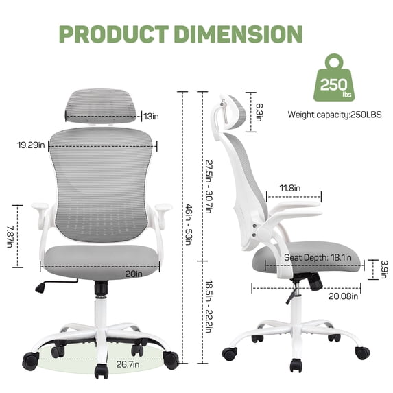 Ergonomic Office Desk Chair, High-Back Mesh Computer Chair with Adjustable Headrest, Lumbar Support, Flip-Up Armrests, Swivel Rolling Task Chair for Home Office