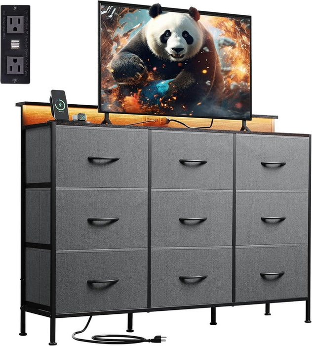 Simenmax TV Stand with 9 Fabric Drawers, Entertainment Center with LED Lights & Charging Station, Media Console for 45-55 inch TV, Gray