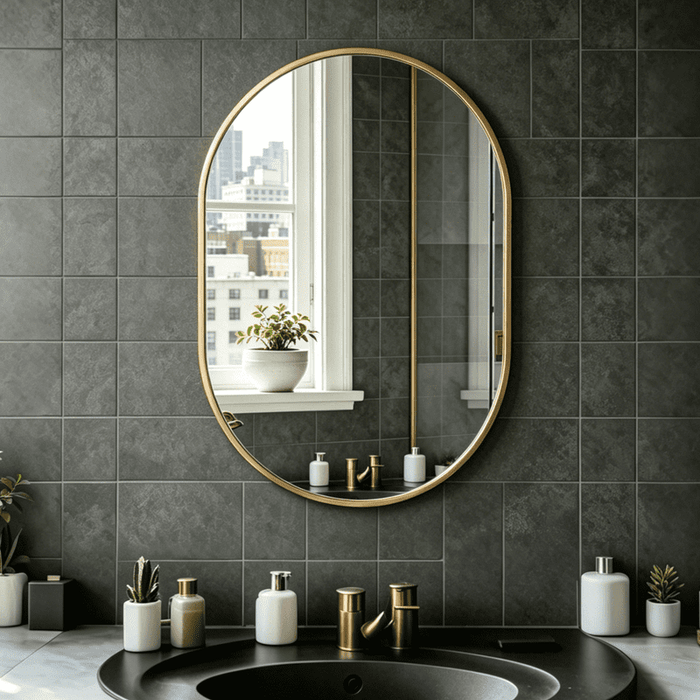 Blorly Modern Oval Wall Mirror, 20"X30" Matte Black Metal Frame Mirror for Bathroom Vanity, Entryway, Living Room, HD Reflection Rust-Resistant Decorative Hanging Mirror, Gold