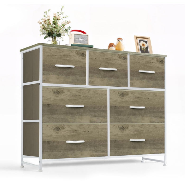 Simenmax 7 Drawer Dresser for Bedroom, Fabric Storage Dresser for Bedroom, Wood and Metal Dresser TV Stand for Living Room, Entryway Oak Grey