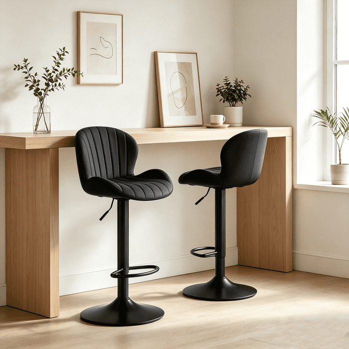 Betcozy Set of 2 Swivel Bar Stools with Back, Adjustable PU Leather Counter Height Chairs, Upholstered Vertical-Shell Barstools with Metal Base for Kitchen Island, Dining Room, Bar, Supports 300 lbs, Black