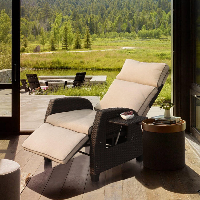 Taoset Adjustable Recliner, Relaxing Sofa Chair with Retractable Table Board, Outdoor Wicker Furniture Lounge with Soft Thicken Cushions, for Porch, Backyard, Pool or Garden, Beige