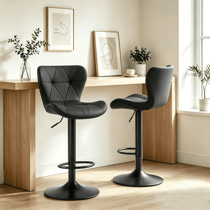 Betcozy Set of 2 Swivel Bar Stools with Back, Adjustable PU Leather Counter Height Chairs, Upholstered Barstools with Metal Base & Footrest for Kitchen Island, Dining Room, Bar, Supports 300 lbs, Black