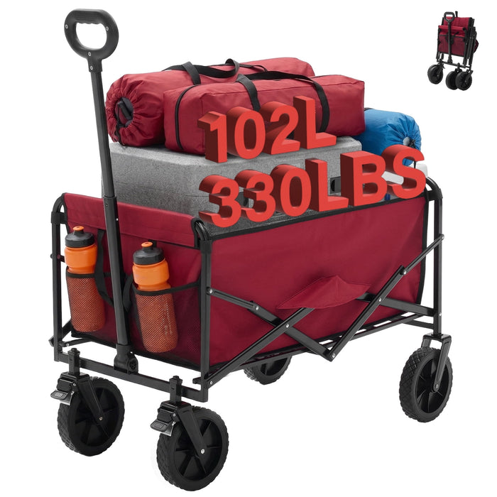 Taoset Heavy Duty Collapsible Folding Wagon, 102L All Terrain Utility Cart with Removable Wheels & Brakes, Adjustable Handle Mesh Pockets Beach Wagon for Camping Grocery Shopping Garden, Red