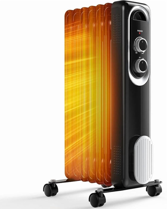 Simenmax 1500W Oil Filled Radiator Heater, Portable Electric Space Heater with Adjustable Thermostat, 3 Heat Settings, Quiet Indoor Heater for Bedroom Office, Black