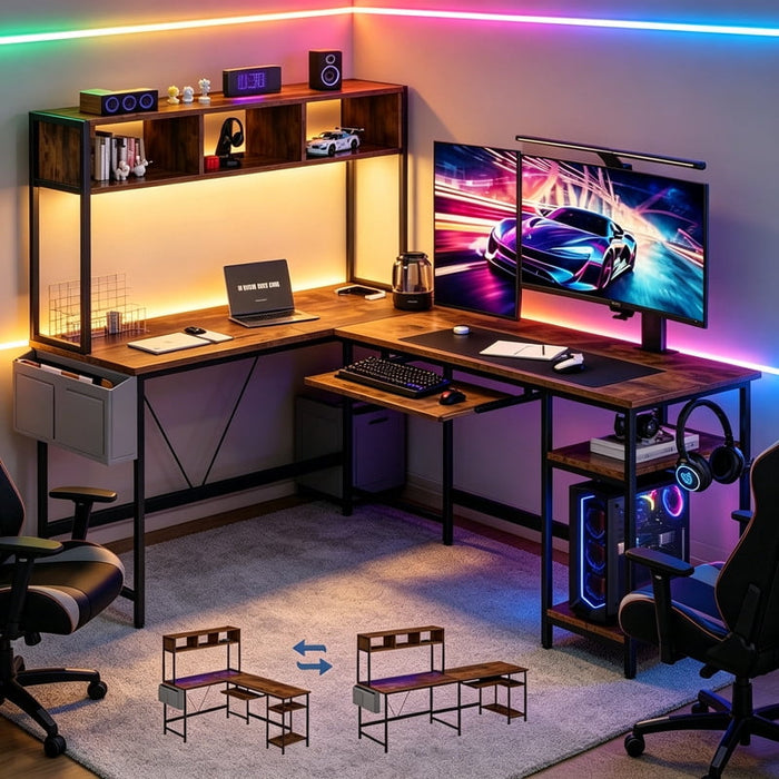 Betcozy L Shaped Desk with LED Lights, 67 Inch Reversible Corner Computer Desk with Power Outlet, Hutch, 2 Tier Storage Shelves and Headphone Hook, Rust Brown