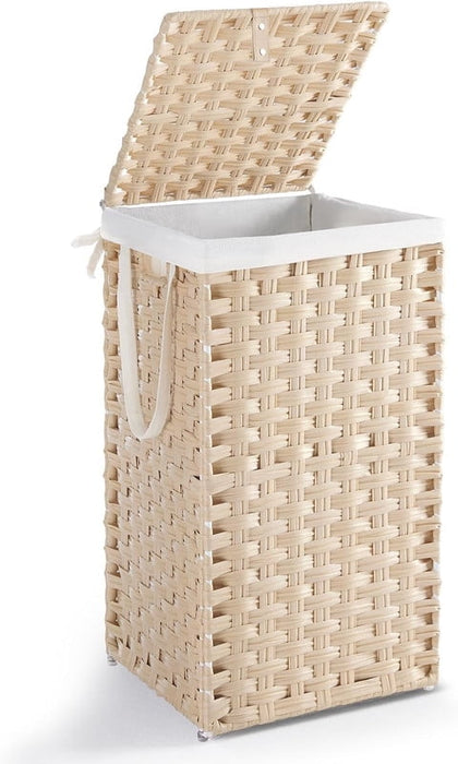 Simenmax 65L Foldable Laundry Hamper with Lid, Woven Laundry Basket with Removable Washable Liner, Rattan Clothes Hamper Sturdy Steel Frame Rattan Basket, Sand