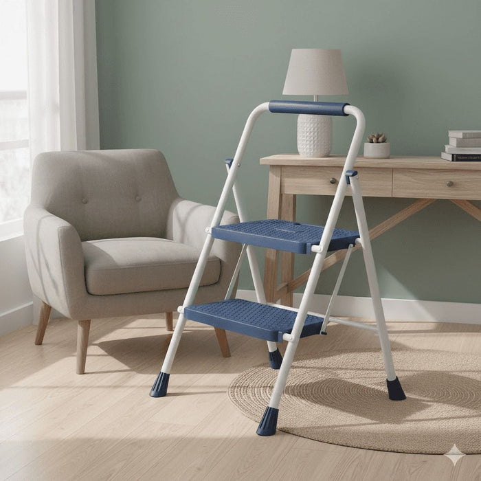 Betcozy 2 Step Ladder, Foldable Lightweight Step Stool, Anti-Slip Pedal, Rubber Handle, Automatic lock, Ladder for Home Kitchen, Living room, Office, Blue