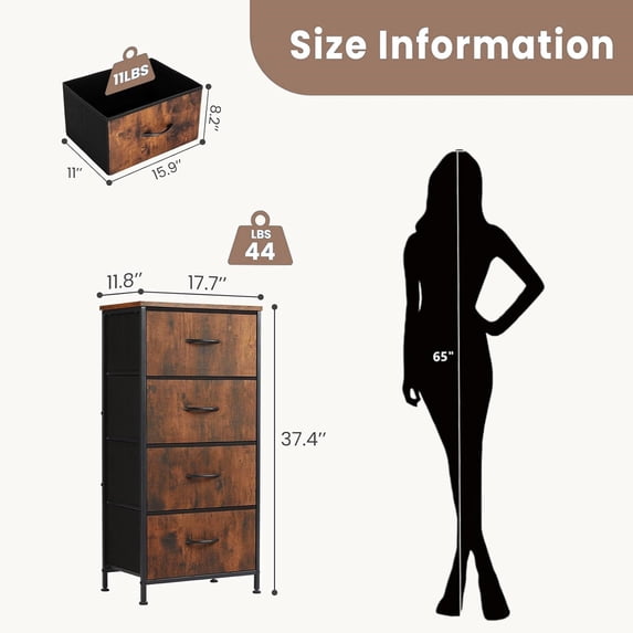 4 Drawer Fabric Nightstand Bedside Table, Wooden Top Steel Frame Dresser, Removable Bin Organizer for Bedroom, Closet, Living Room, Entryway, Dorm