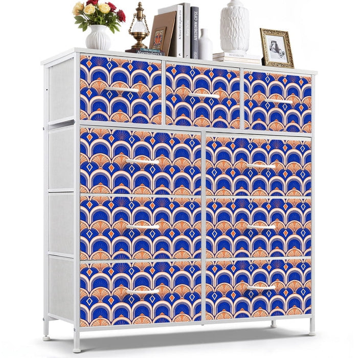 Betcozy 9 Drawers Fabric Dresser with White Metal Frame, Storage Tower for Bedroom, Retro Medallion Blue Orange
