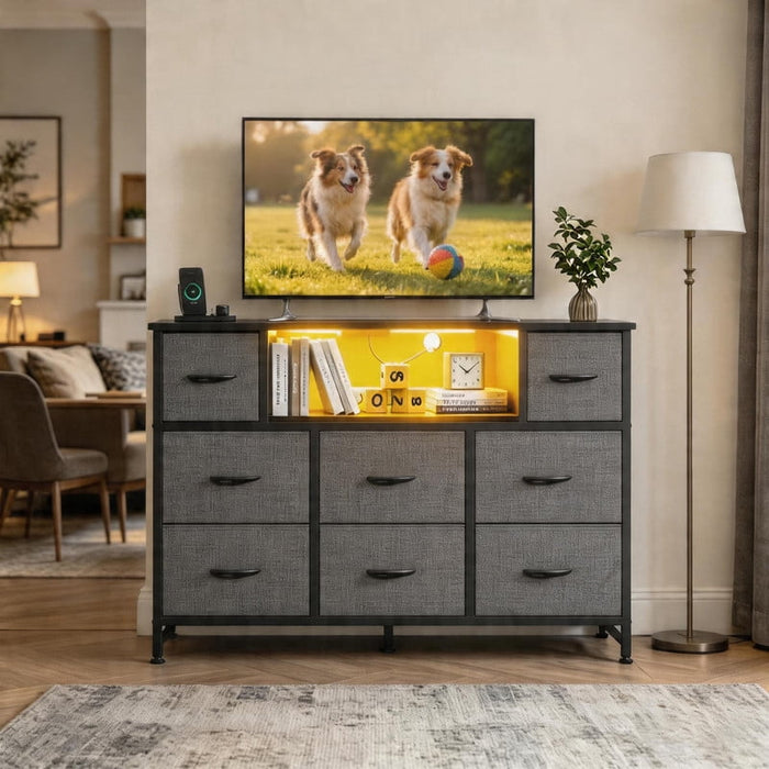 Betcozy LED TV Stand for 50/55 inch TV, Dresser with 8 Fabric Drawers, Entertainment Center with Open Storage Shelves & Power Outlet, Tall Storage Chest for Bedroom, Living Room, Gray