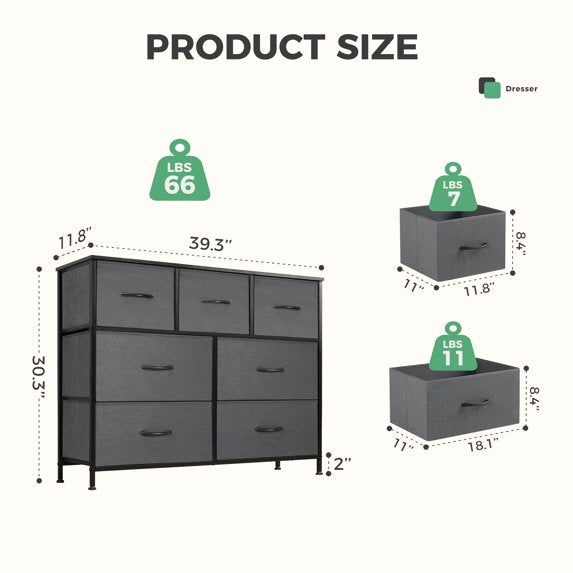 Aidoly Dresser for Bedroom, 7 Storage Drawers, Anti-Tip Wide Fabric Closet Organizer Tower Furniture, Wooden Top with Metal Frame
