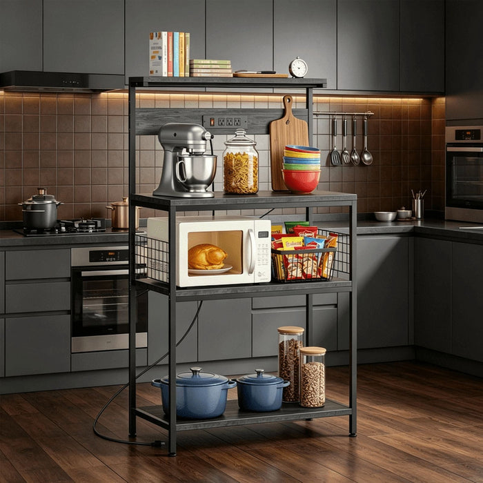 Blorly Baker's Rack with Power Outlet & LED Light, 31.5" 4-Tier Kitchen Storage Shelf with Waterproof Desktop, Microwave Stand with Wire Basket & 6 Hooks, Wide Coffee Bar Station, Rustic Brown