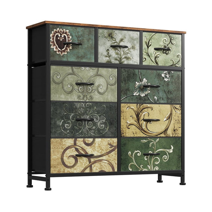 Simenmax 9-Drawer Fabric Dresser, Tall Chest of Drawers with Wood Top, Floral Painted Dresser for Bedroom, Closet, Hallway, Dorm