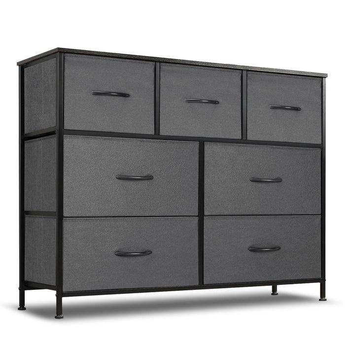Simenmax 7 Drawer Dresser for Bedroom, Fabric Storage Dresser for Bedroom, Wood and Metal Dresser TV Stand for Living Room, Storage Tower with Bins, Chest of Drawers for Closet, Hallway,Gray