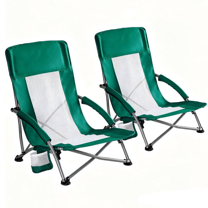 Simenmax Low Beach Chair Set of 2 – Folding Camping Chair for Adults, Low Profile Lawn Chair with Cup Holders for Outdoor, Travel, Concerts, Beach,Green