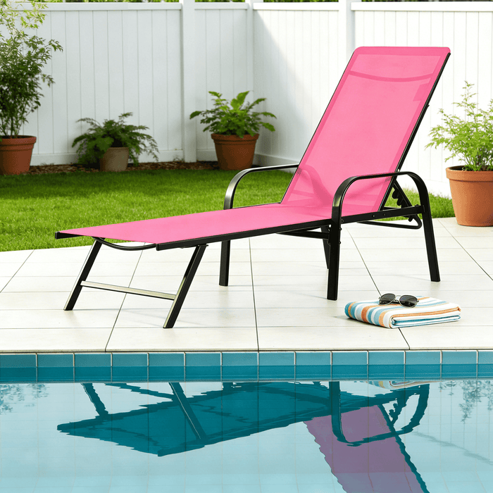 Betcozy Folding Camping Cot, Adjustable Reclining Lounge Chair for Patio Lawn, Beach, Supports 250LBs, Red