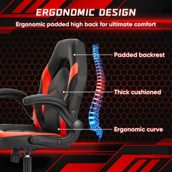 Ergonomic Gaming Chair, High Back PU Leather Computer Desk Chair with Lumbar Support, Flip-up Armrests & Adjustable Height