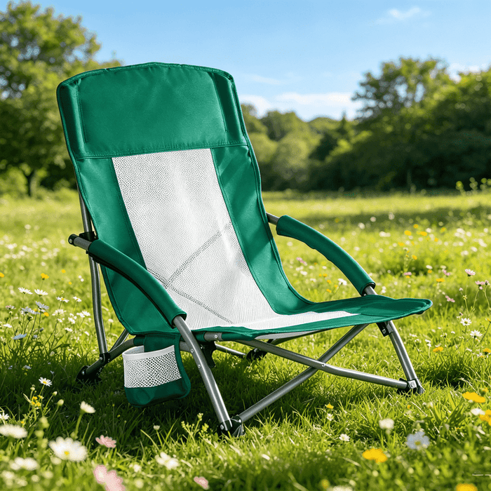 Taoset Low Profile Camping Chair, Breathable Mesh Folding Beach Chair, Lightweight Portable Concert Chair with Cup Holder & Armrests for Outdoor Events, Picnic, Lawn & Sand, Green