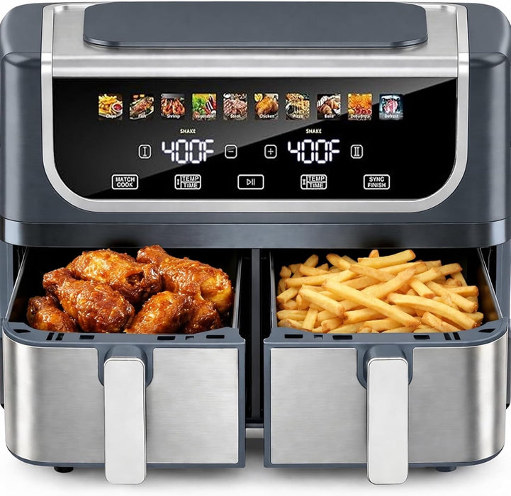 Simenmax 9.5Qt Dual Basket Air Fryer, 10-in-1 Digital Oven with Sync Cook, Independent Dual-Zone Temperature Control, Nonstick Dishwasher-Safe Baskets,Gray