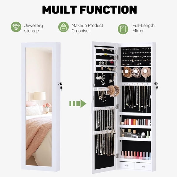 Aidoly Lighted Jewelry Cabinet with Full-Length Mirror, Wall/Door Mounted, 2-Drawer Storage, White