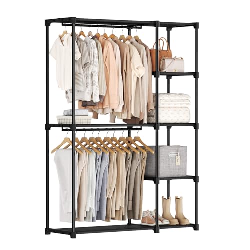 Freestanding Modular Garment Closet, Heavy‑Duty Open Wardrobe with Double Hanging Rods & Interior Storage Shelves, 48.3" Width