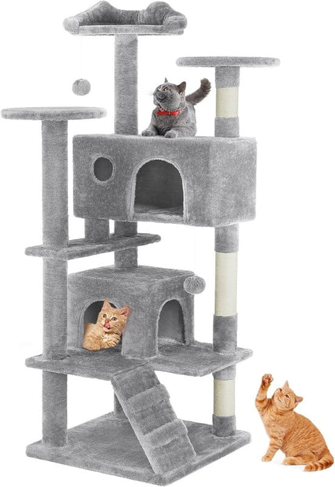 Simenmax 54'' Cat Tree Tower for Indoor Cats, Multi-Level Cat Condo with Climbing Ladder,Light Gray