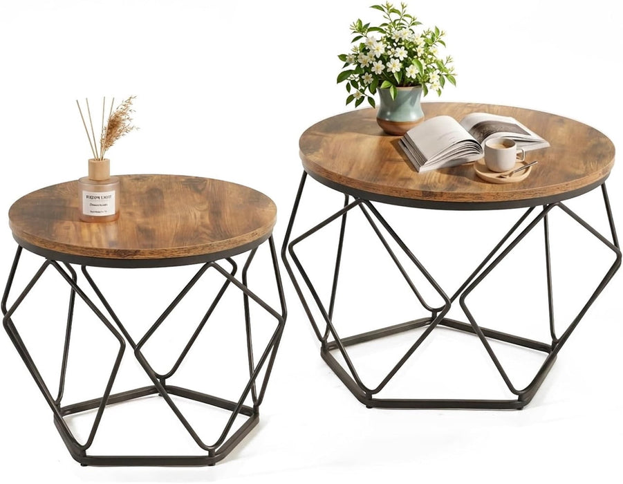 Simenmax 2-Piece Round Nesting Coffee Table Set with Hidden Storage, Modern Geometric Side Tables and Movable End Tables for Living Room, Brown
