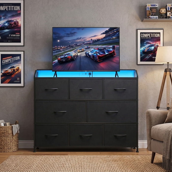 Betcozy 9 Drawer TV Stand with LED Lights & Power Outlet, 35" Tall Dresser for Bedroom & Living Room, Entertainment Center with Charging Station, 1.5mm Heavy-Duty Frame Storage Tower, Black