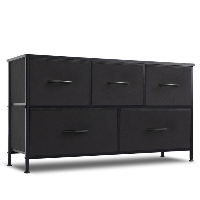 Simenmax 5 Dresser for Bedroom, 5 Storage Drawers, Wide Fabric Closet Chests Organizer Tower Furniture with Wooden Top Metal Frame for Clothes, Room, Living Room, Hallway, Entryway, Black