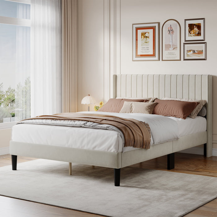Blorly Upholstered Bed Frame with Wingback Headboard, Heavy Duty Vertical Channel Platform Bedframe, Fabric Mattress Foundation, No Box Spring Needed, Queen