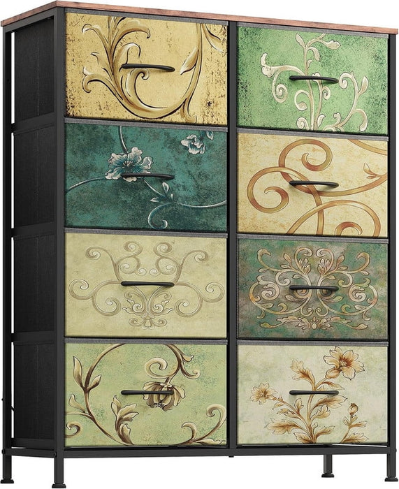 Simenmax 8-Drawer Fabric Dresser, Tall Chest of Drawers with Wood Top, Floral Painted Dresser for Bedroom, Closet, Hallway, Dorm